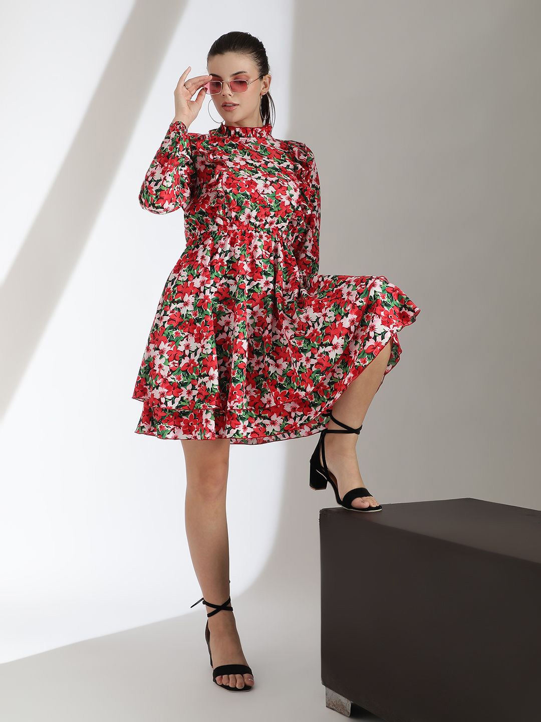 

Kotty Women Floral Printed Bishop Sleeve Crepe Fit & Flare Dress, Red