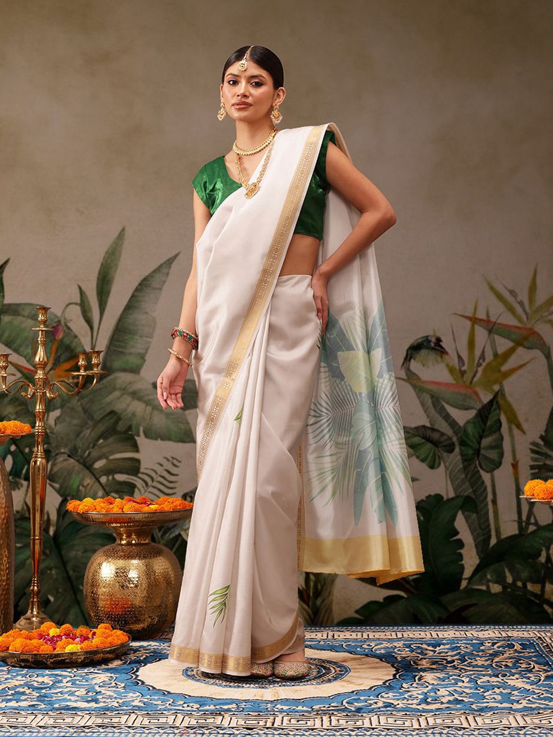 

Silk Land Floral Printed Kasavu Saree, Off white