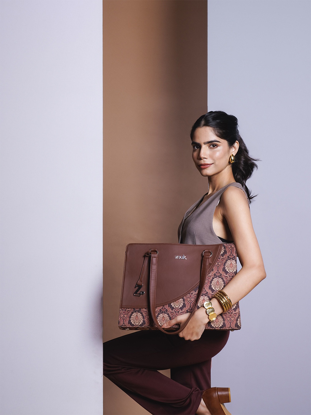 

ZOUK Ethnic Motifs Printed Structured Handheld Bag, Brown