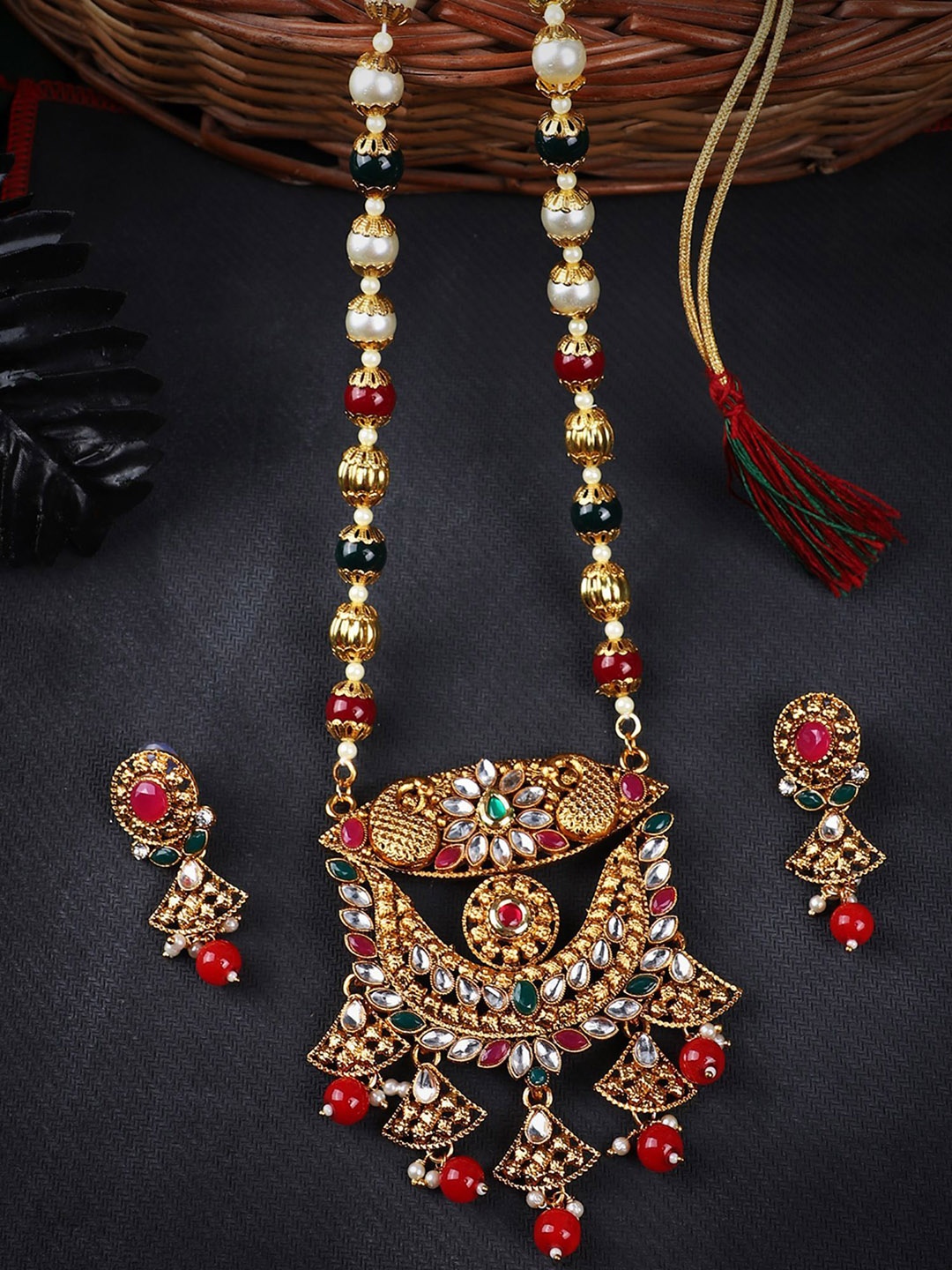 

ANIKAS CREATION Gold-Plated Stone-Studded & Beaded Necklace & Earrings