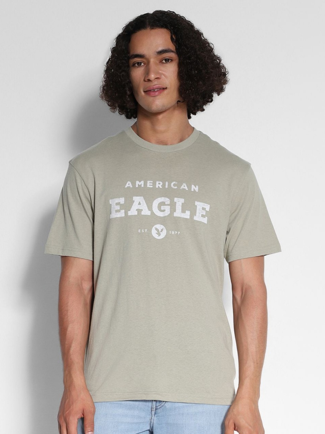

AMERICAN EAGLE OUTFITTERS Men Typography Printed Round Neck Cotton T-shirt, Beige