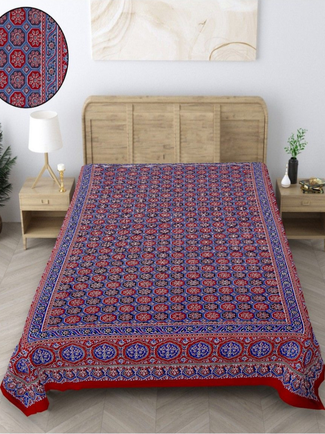 

INDHOME LIFE Blue & White Ethnic Motifs Printed Pure Cotton 210 TC Single Bedsheet