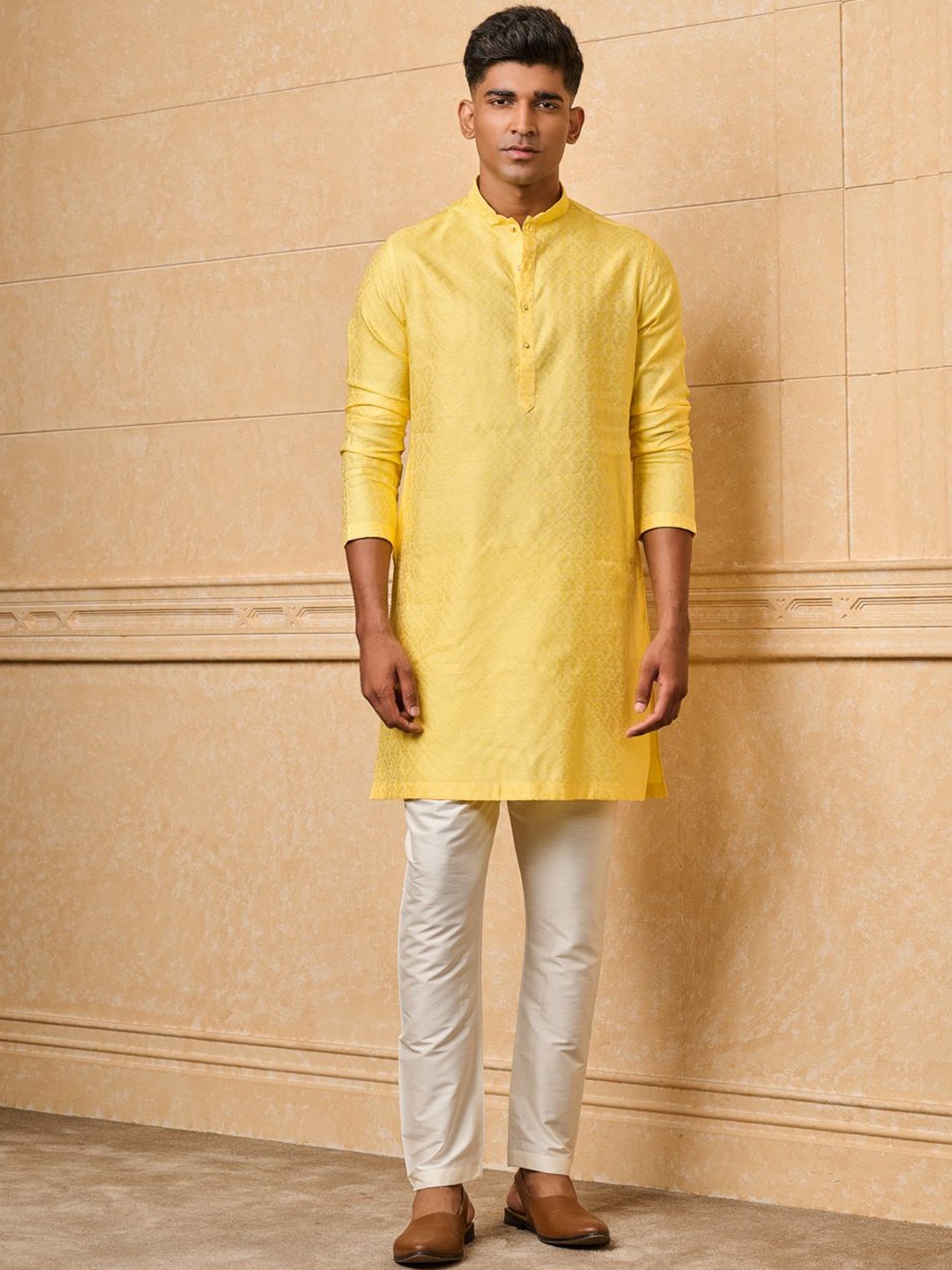 

Tasva Ethnic Motifs Woven Design Mandarin Collar Regular Kurta With Pyjama, Yellow