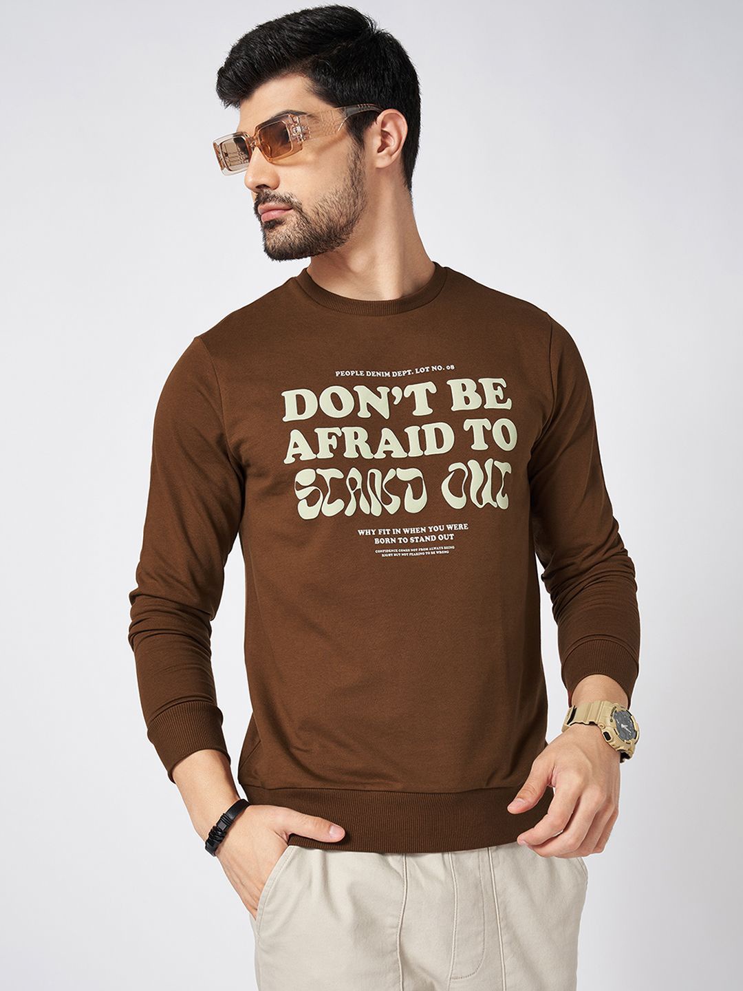 

People Men Typography Printed Round Neck Cotton Pullover Sweatshirt, Tan