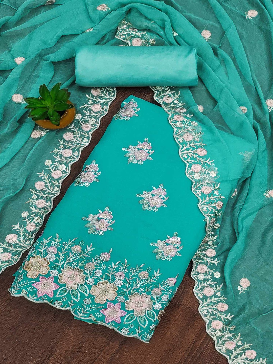 

Peachmode Embroidered Organza Unstitched Dress Material, Turquoise blue
