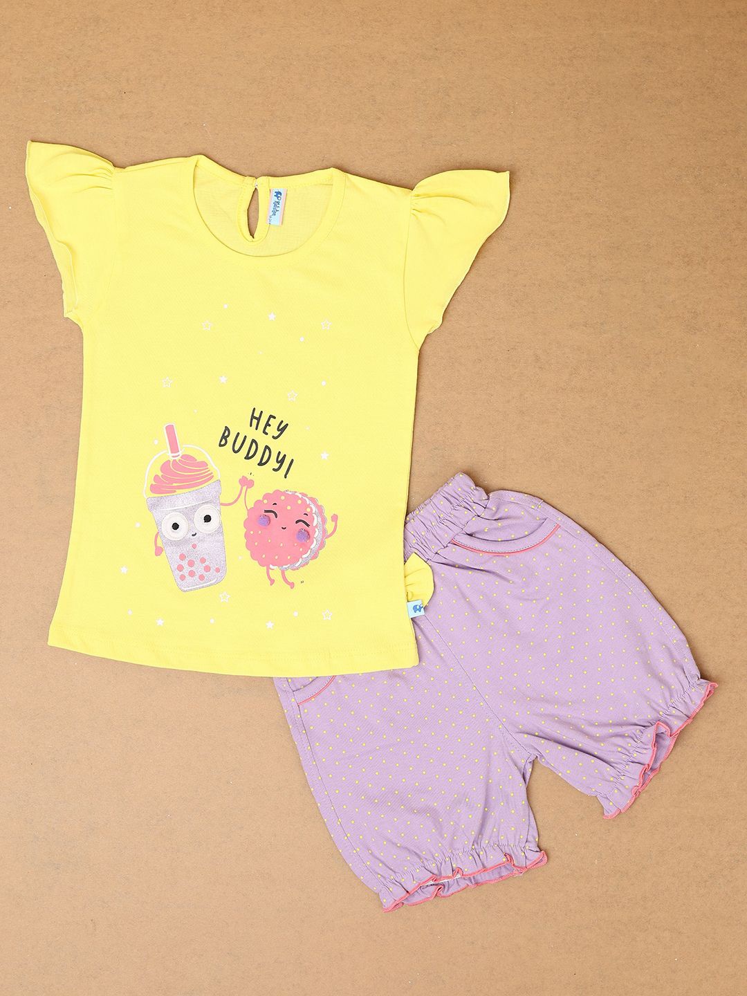

V-Mart Girls Cartoon Printed Pure Cotton T-shirt with Shorts, Yellow