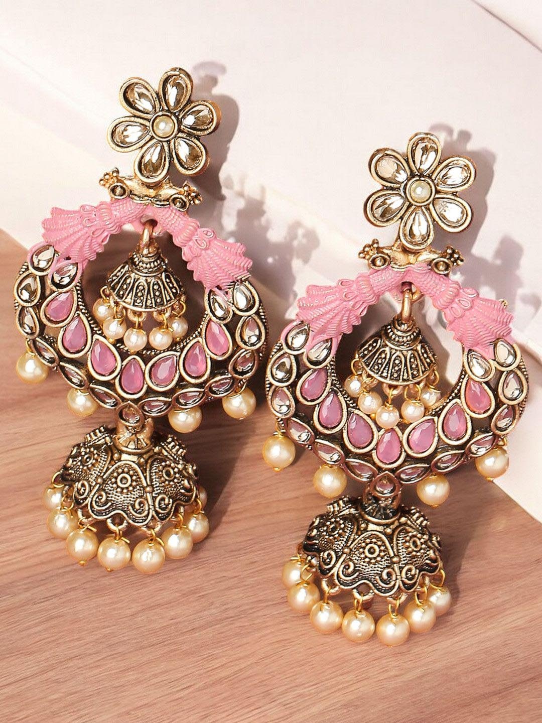 

OOMPH Kundan Studded & Beaded Dome Shaped Jhumkas, Gold