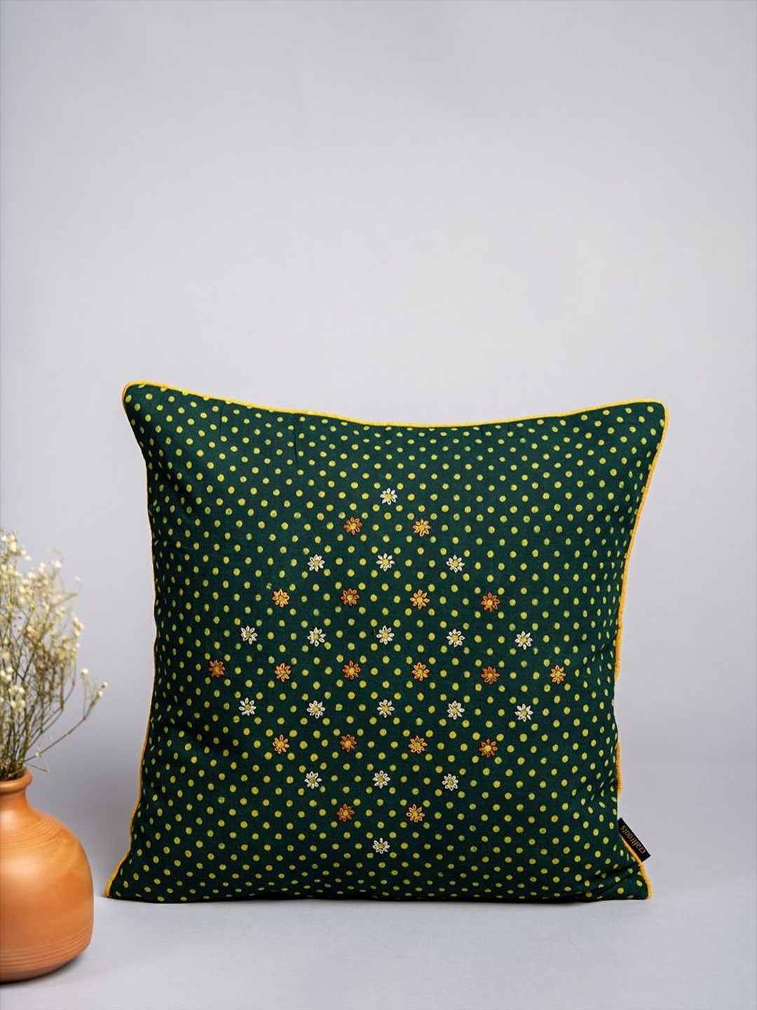 

craftroots Green & Yellow Floral Embroidered Cotton Square Cushion Cover