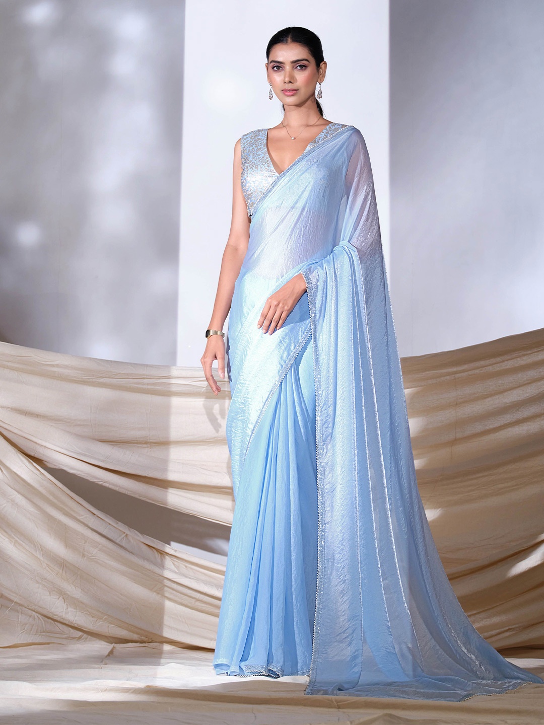 

Sangria Beads and Stones Satin Saree, Blue