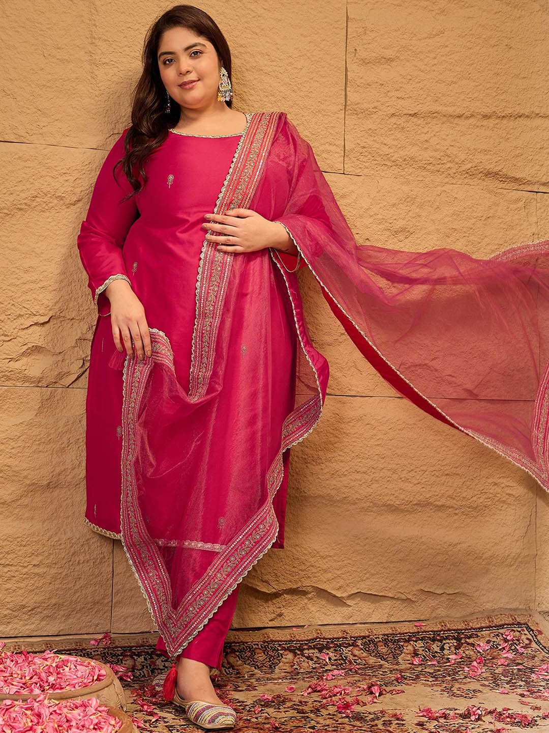 

INDDUS PLUS Ethnic Motifs Embroidered Straight Kurta with Trousers & Dupatta, Magenta