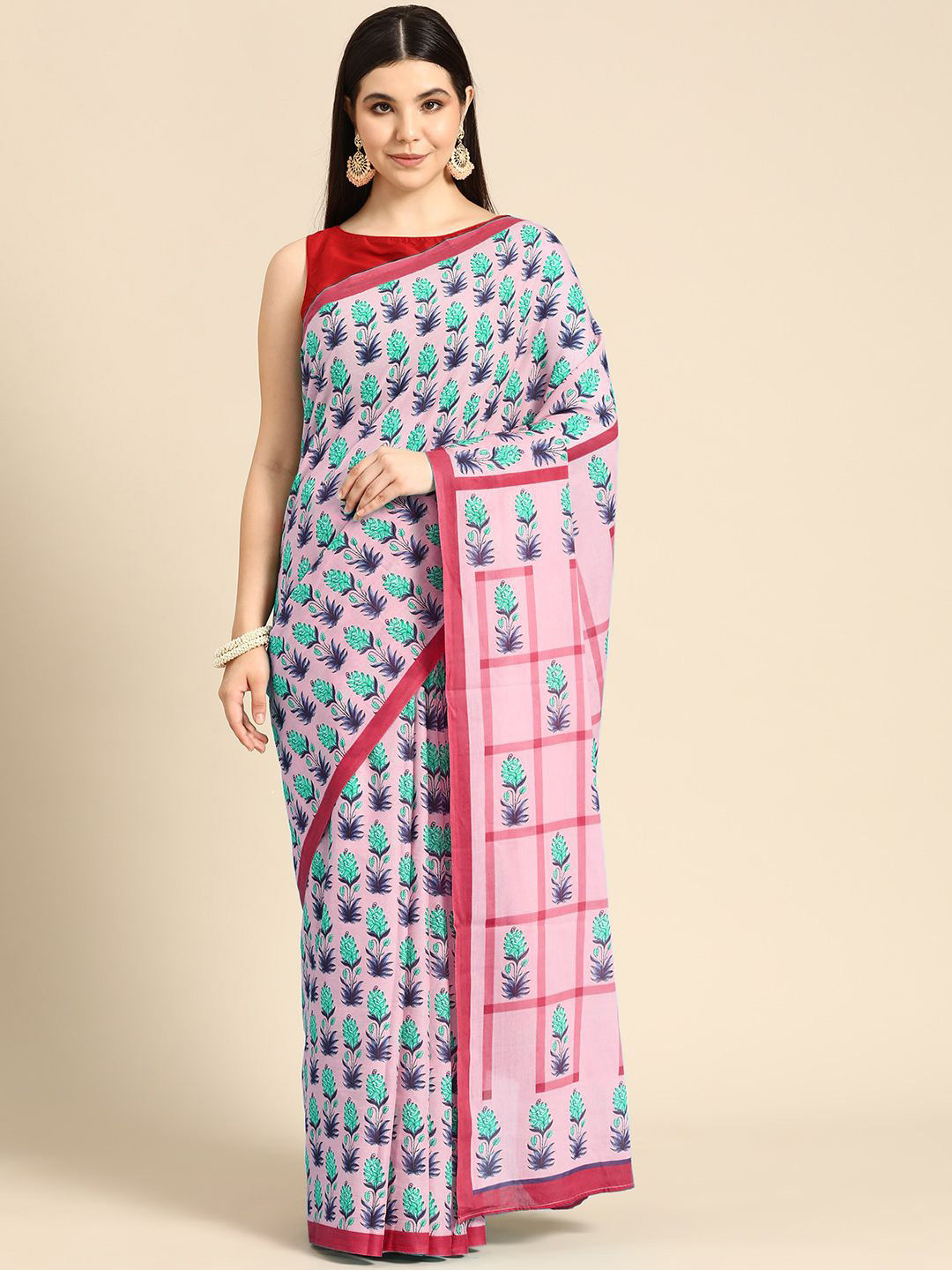 

BUTA BUTI Floral Pure Cotton Saree, Red