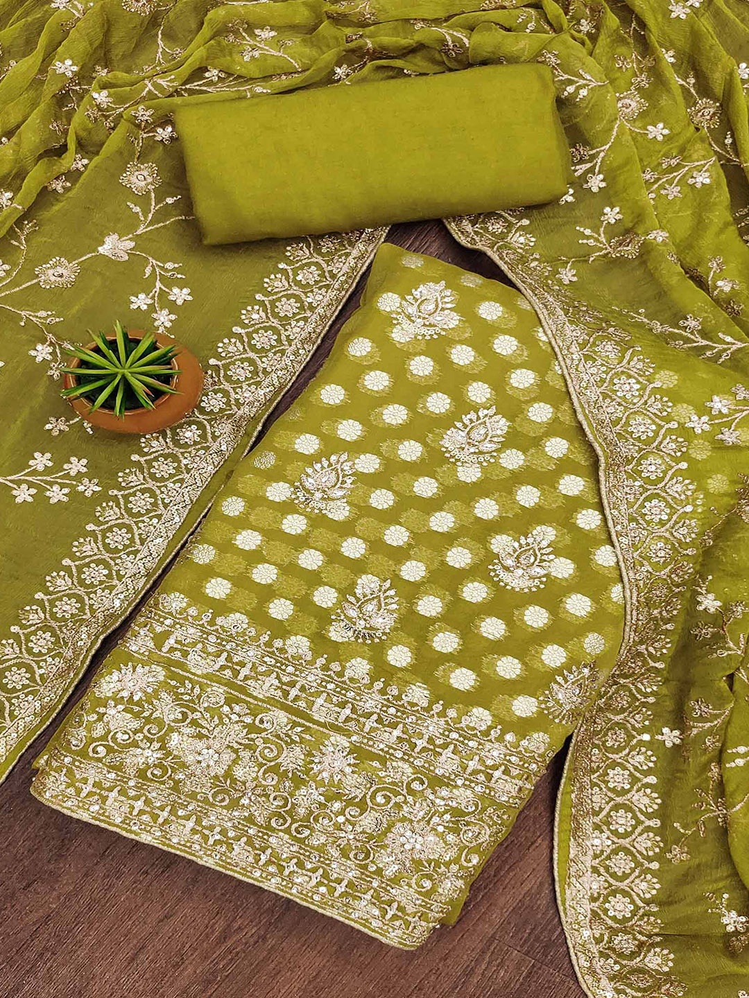 

Peachmode Embroidered Silk Georgette Unstitched Dress Material, Green