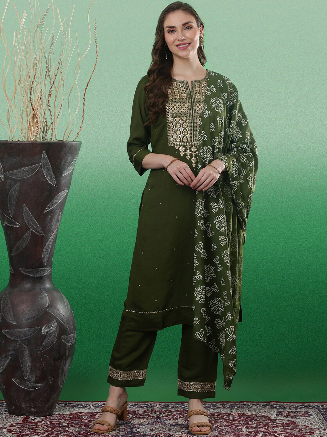 

Sangria Floral Yoke Design Sequinned Straight Kurta & Trouser With Dupatta, Olive