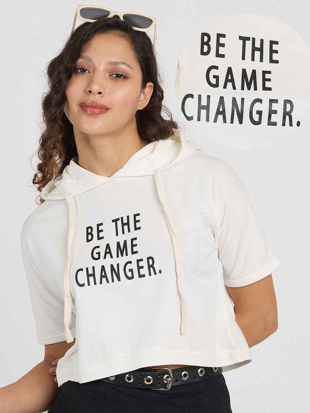

PINACOLADA Women Typography Printed Hood Cotton Top, White