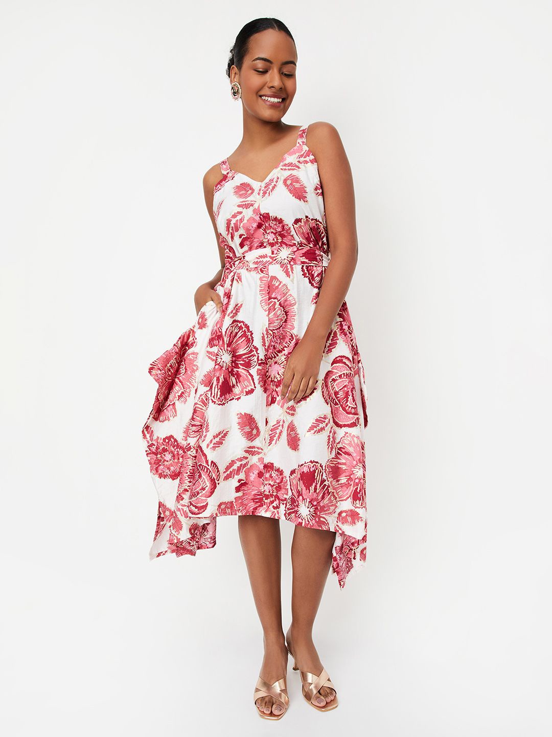 

Max x Kalki Women Floral Printed Asymmetric Hem Dress, Off white