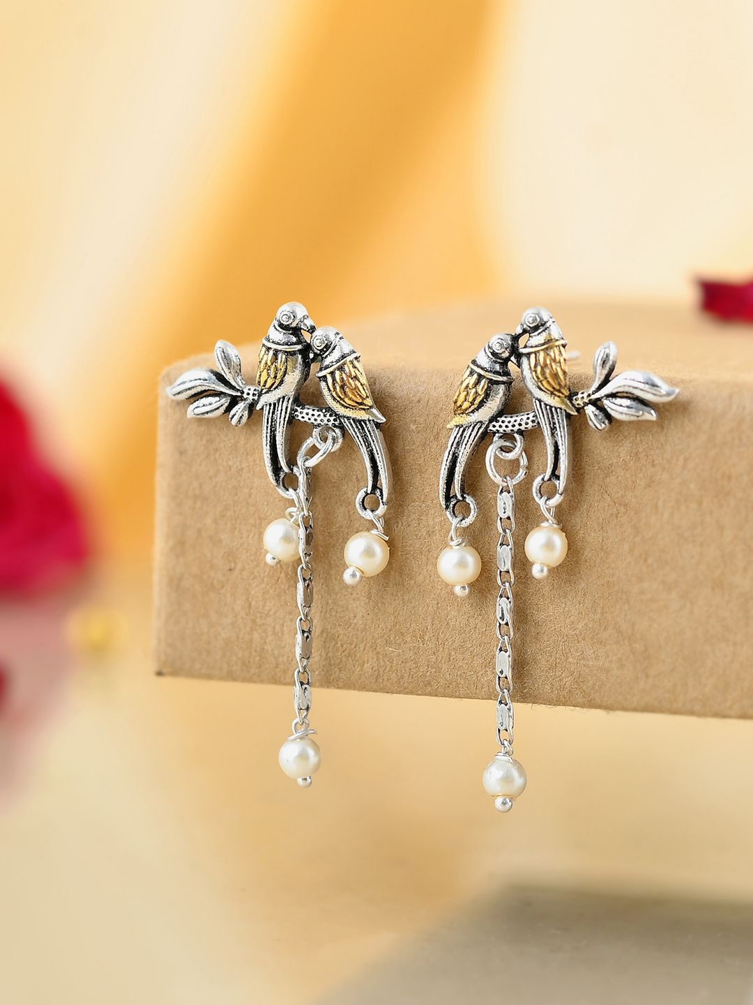 

Voylla Qasbah Tota Maina Silver-Plated Beaded Bird Shaped Oxidised Drop Earrings