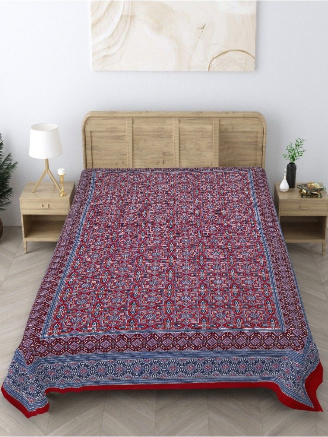 

INDHOME LIFE Blue & Red Ethnic Motifs Printed Pure Cotton 210 TC Single Bedsheet