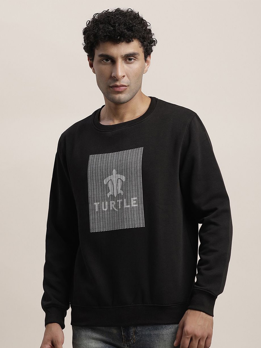 

Turtle Men Graphic Printed Round Neck Cotton Pullover Sweatshirt, Black