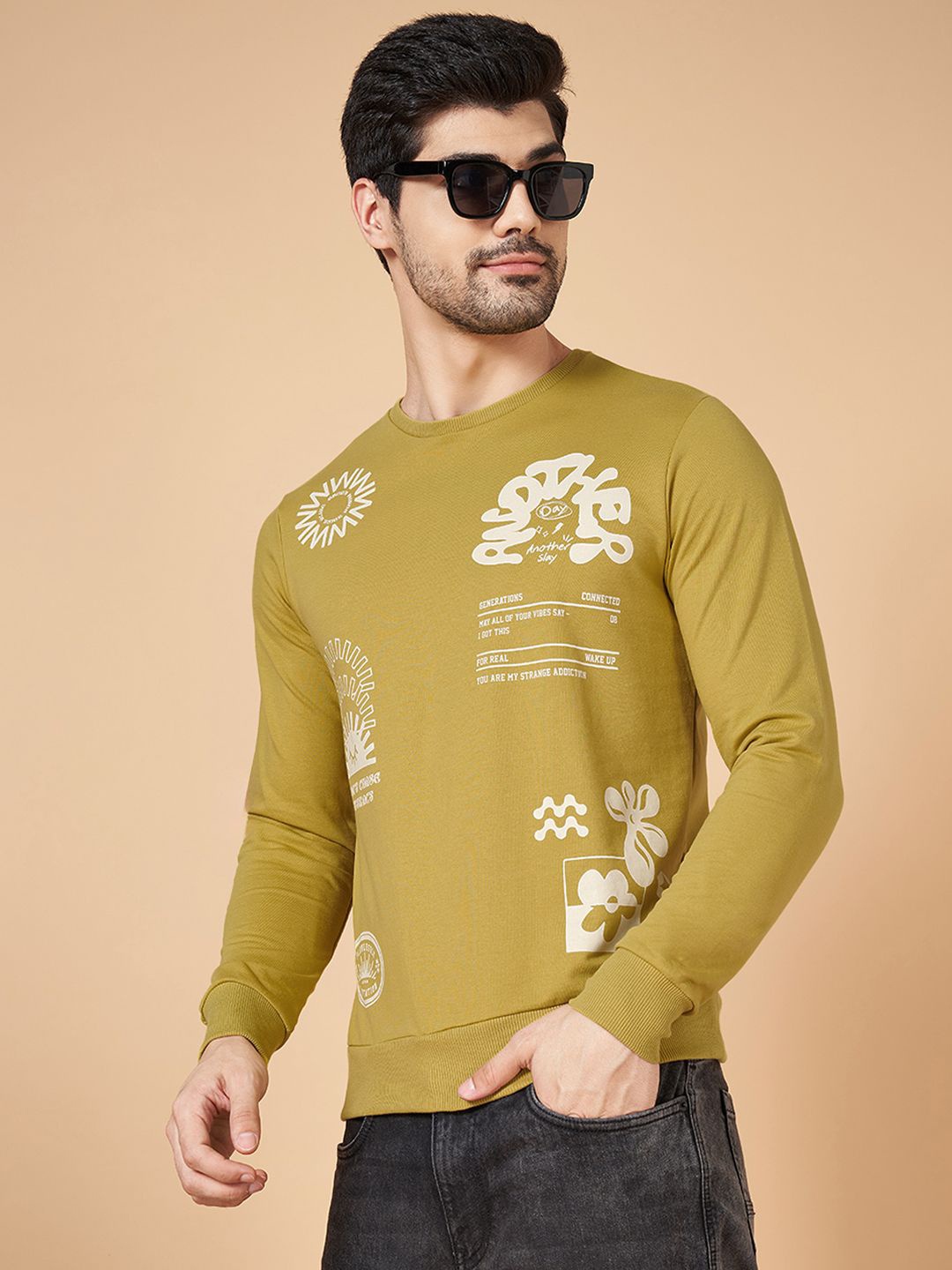 

People Men Typography Printed Round Neck Cotton Pullover Sweatshirt, Olive