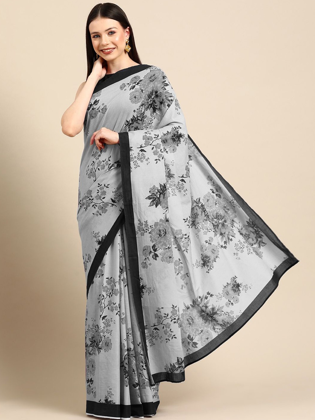 

BUTA BUTI Floral Pure Cotton Saree, Grey