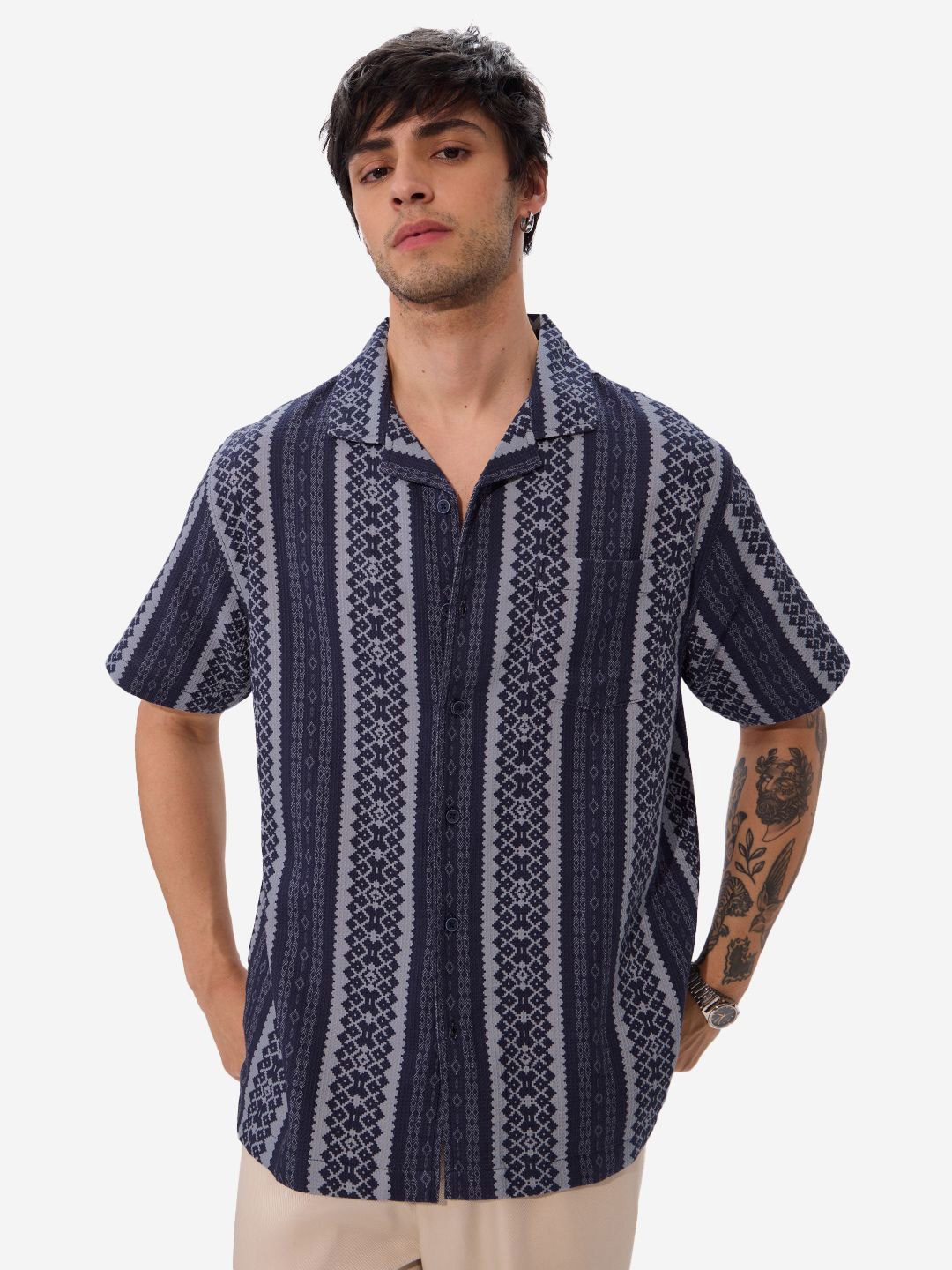 

The Souled Store Men Cuban Collar Vertical Striped Cotton Casual Shirt, Blue