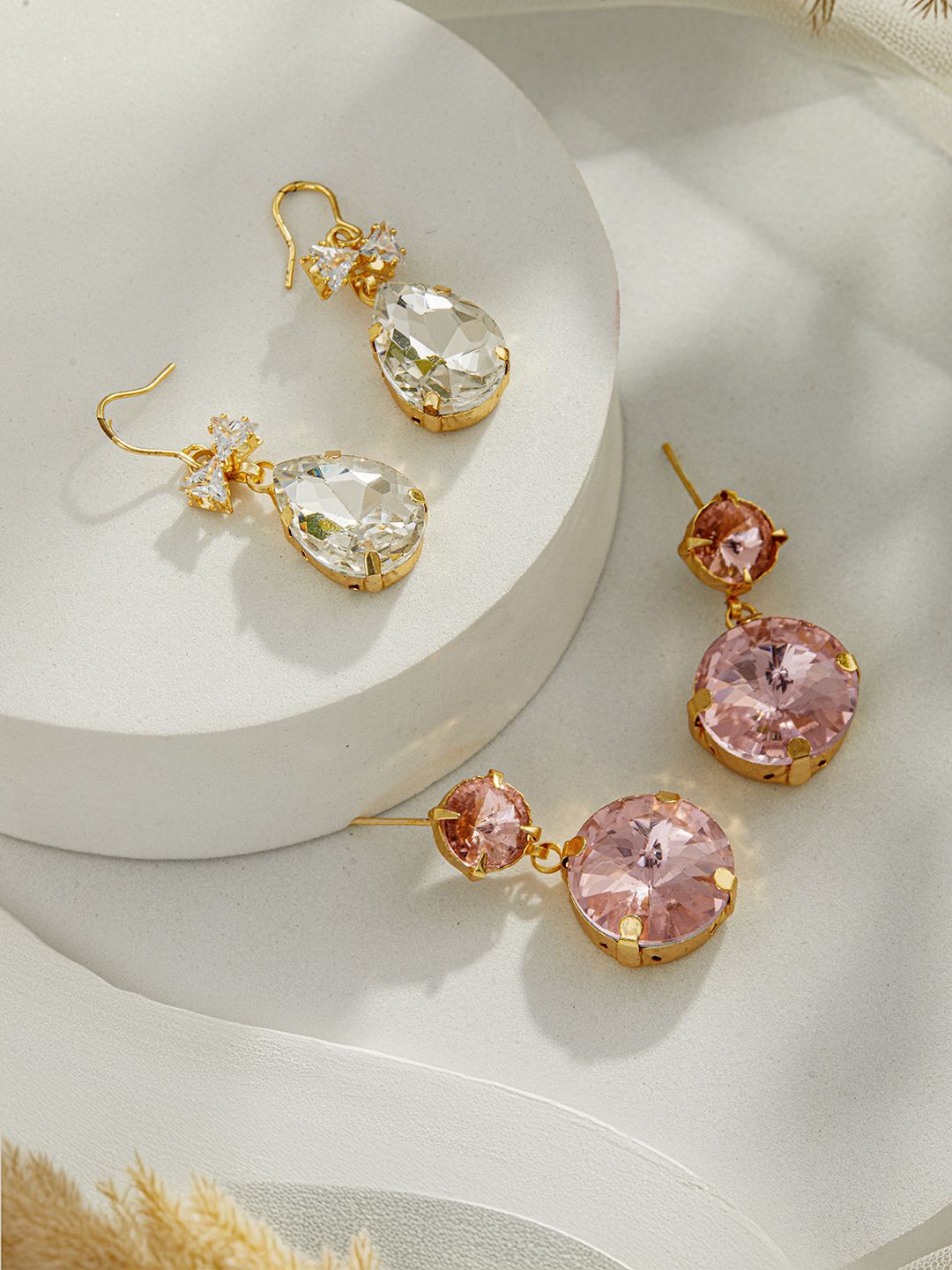 

Jazz and Sizzle Set Of 2 Gold-Plated Contemporary Stone Studded Drop Earrings, Pink