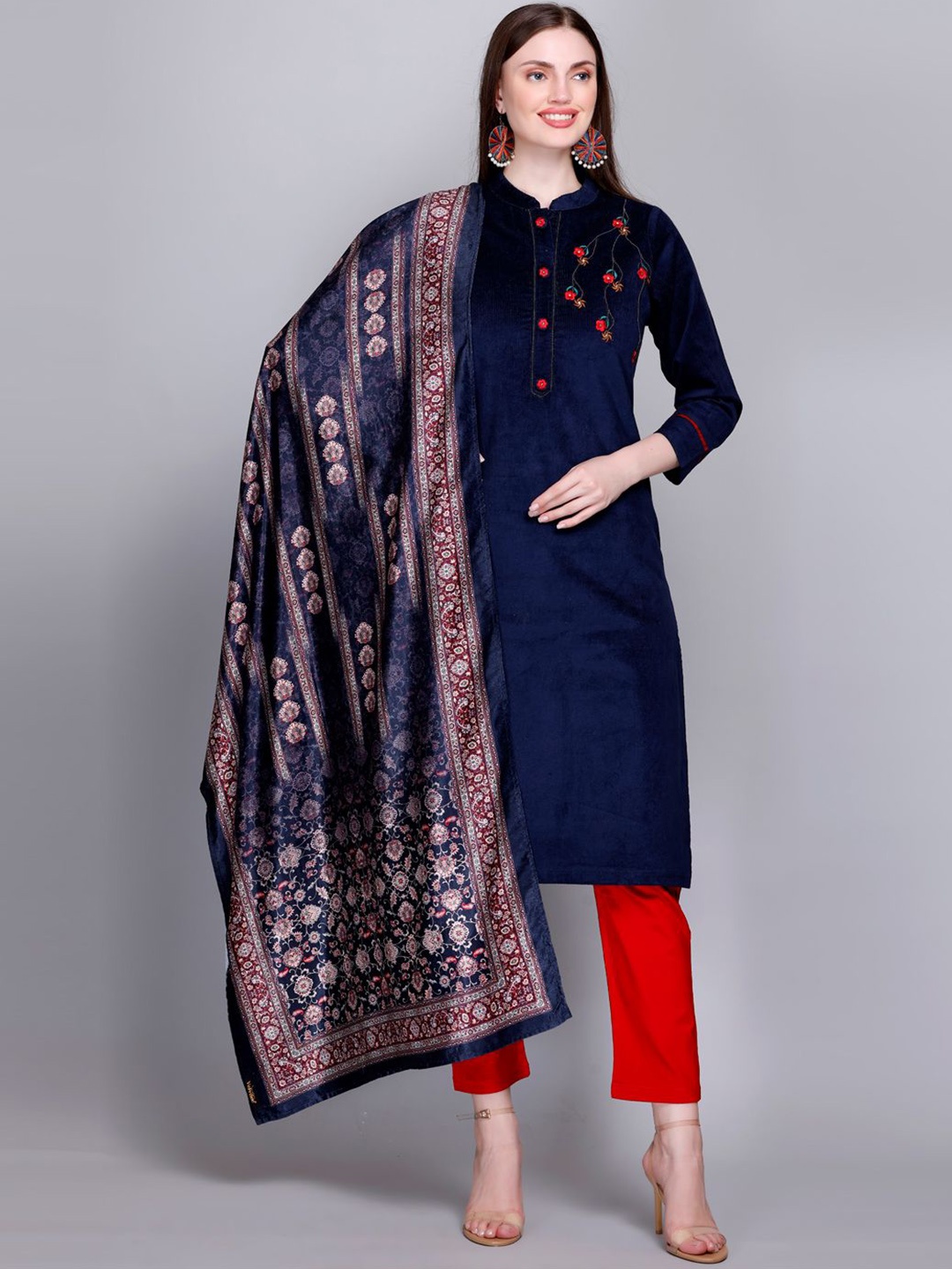 

Trooika Ethnic Motifs Embroidered Velvet Straight Kurta with Trousers & With Dupatta, Blue