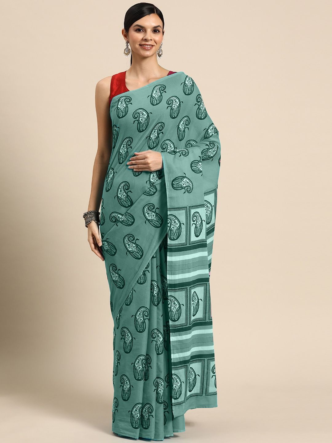 

BUTA BUTI Paisley Printed Pure Cotton Saree, Green
