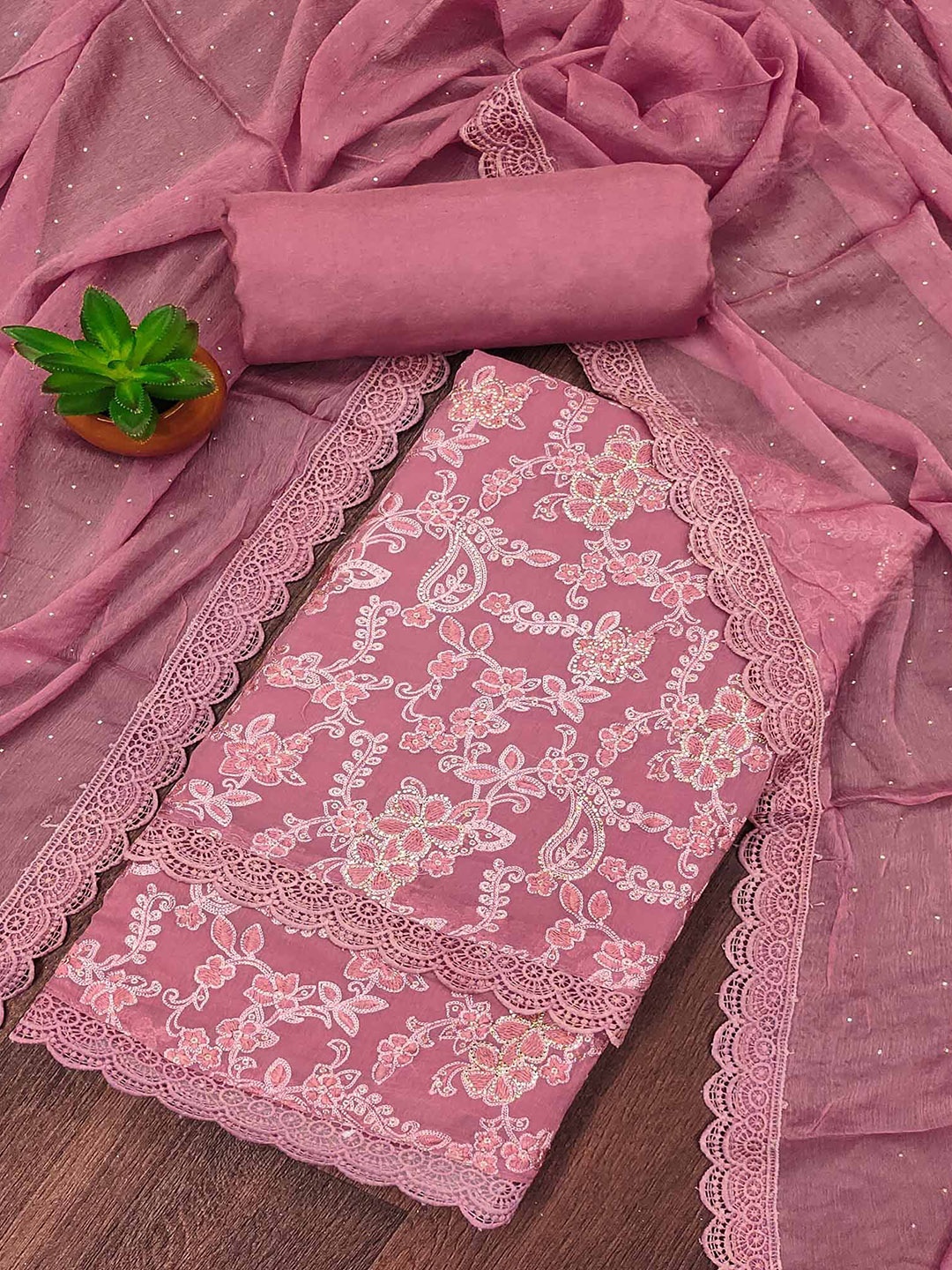 

Peachmode Floral Embroidered Beads and Stones Silk Chiffon Unstitched Dress Material, Pink