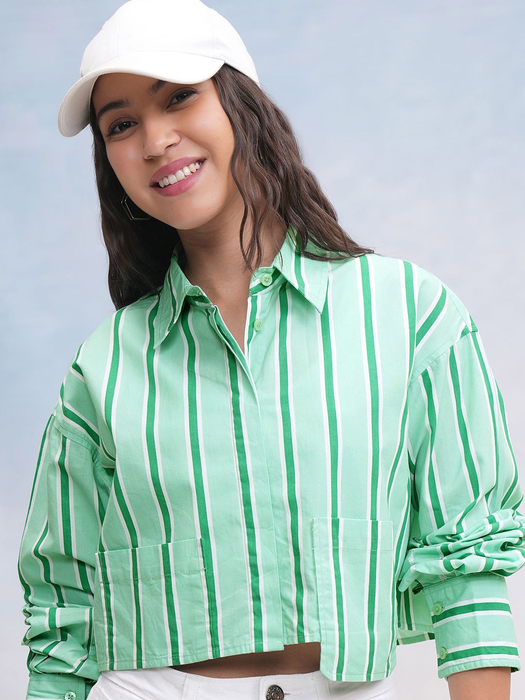 

Tokyo Talkies Women Multi Striped Button Down Crop Shirt, Green