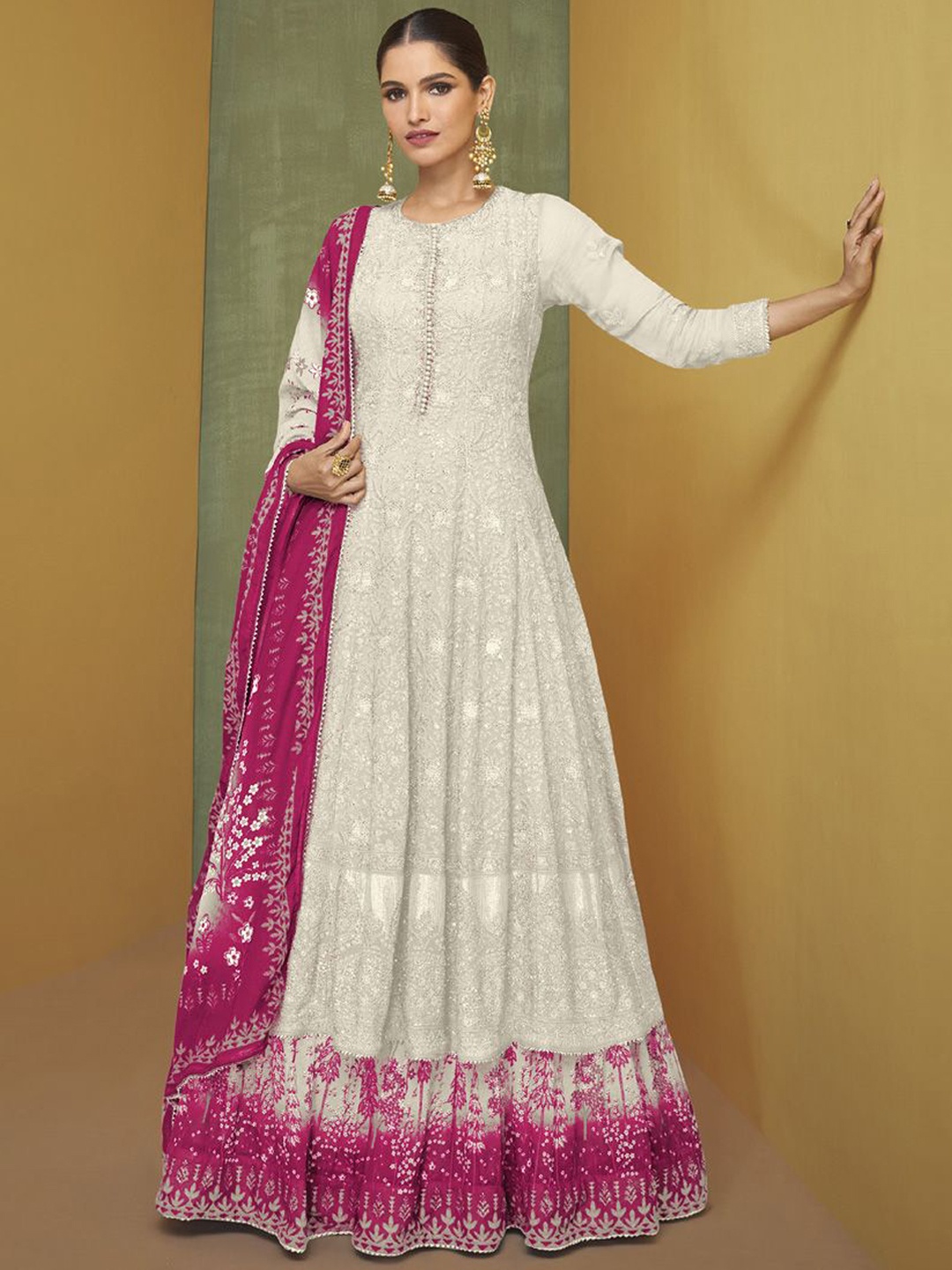 

ASISA Floral Embroidered Gotta Patti Georgette Semi-Stitched Dress Material, White
