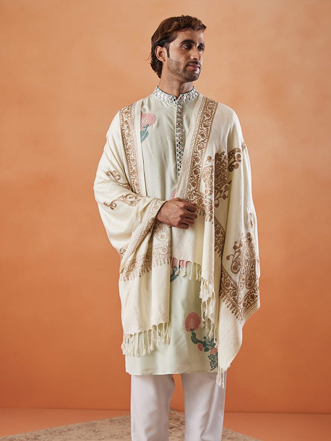 

Pashmoda Men Floral Embroidered Stole, White