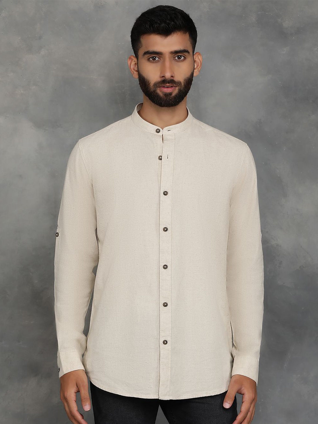 

JADE BLUE Men Band Collar Solid Linen Slim Fit Casual Shirt, Beige