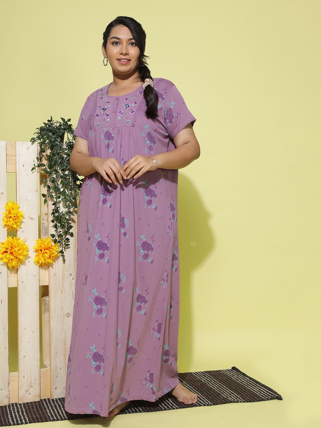 

9shines Label Women Floral Printed Maxi Nightdress, Purple
