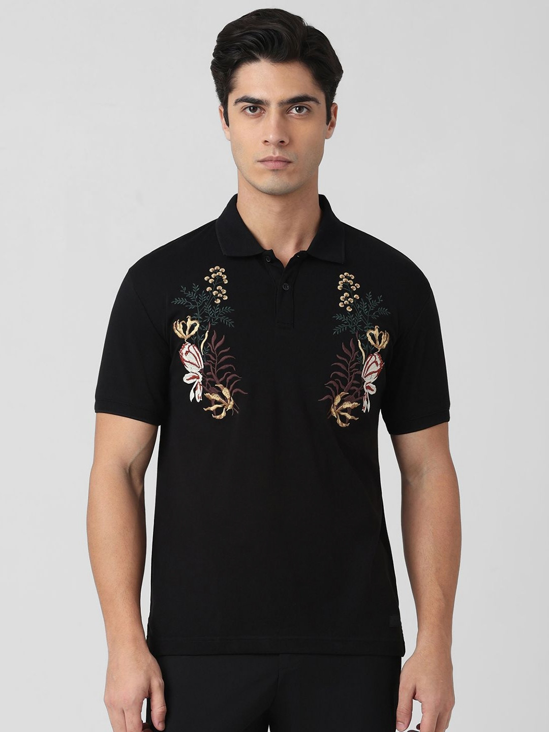 

Mufti Men Embroidered Solid Polo Collar Cotton Slim Fit T-shirt, Black
