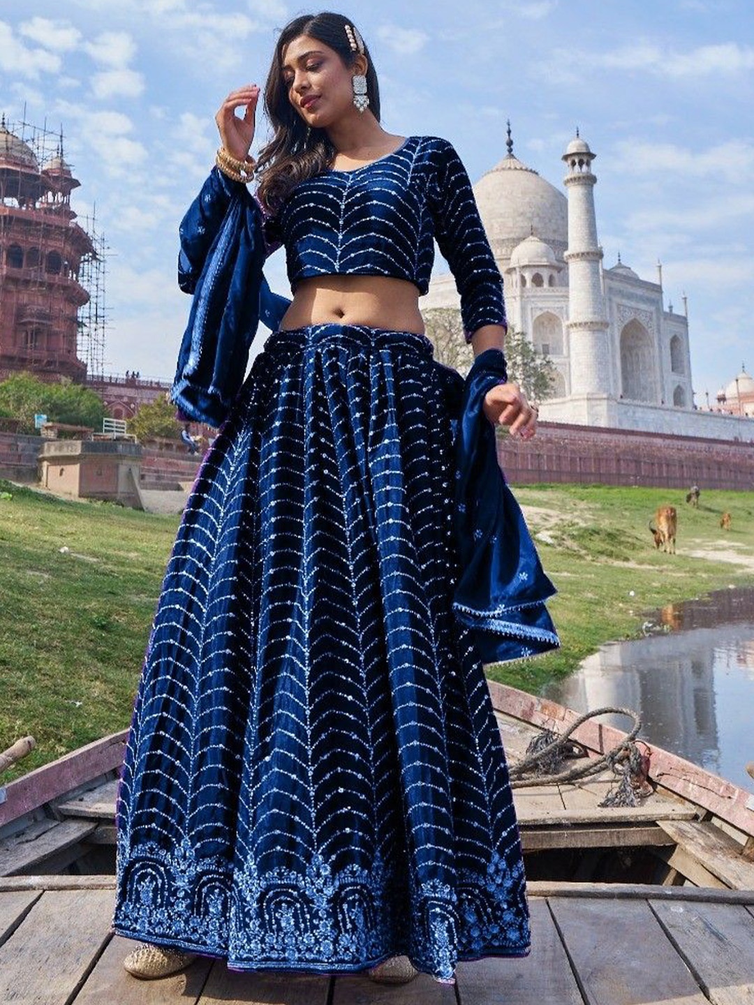 

LUGAI Embroidered Beads and Stones Ready to Wear Lehenga & Blouse With Dupatta, Blue