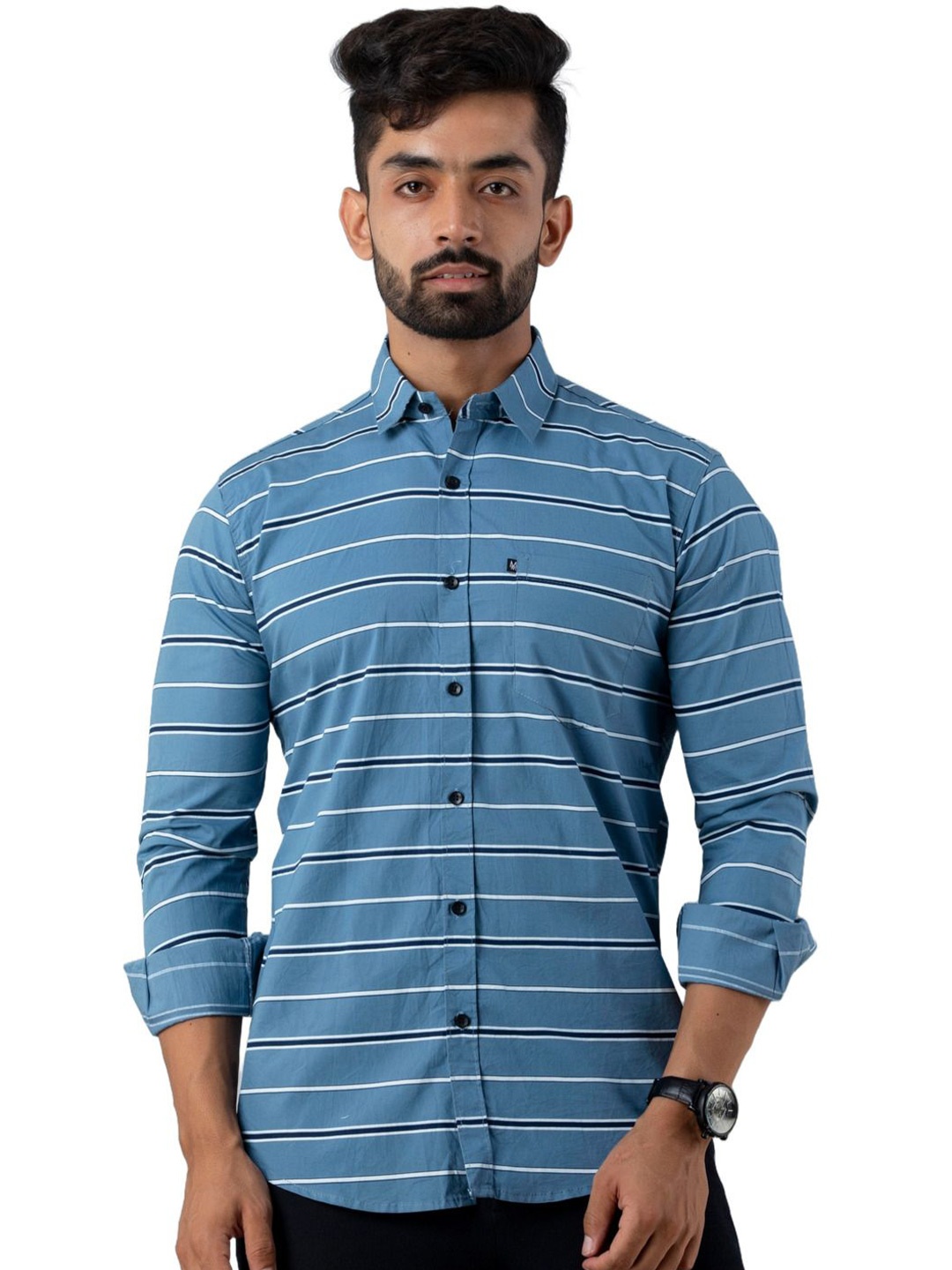 

Vcom Men Classic Spread Collar Horizontal Striped Cotton Slim Fit Casual Shirt, Blue
