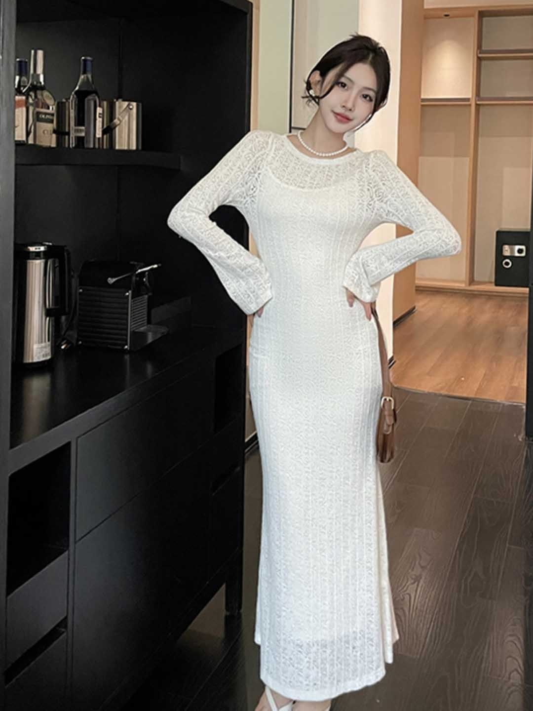 

KPOP Self-Design Long Sleeves Maxi Dress, White