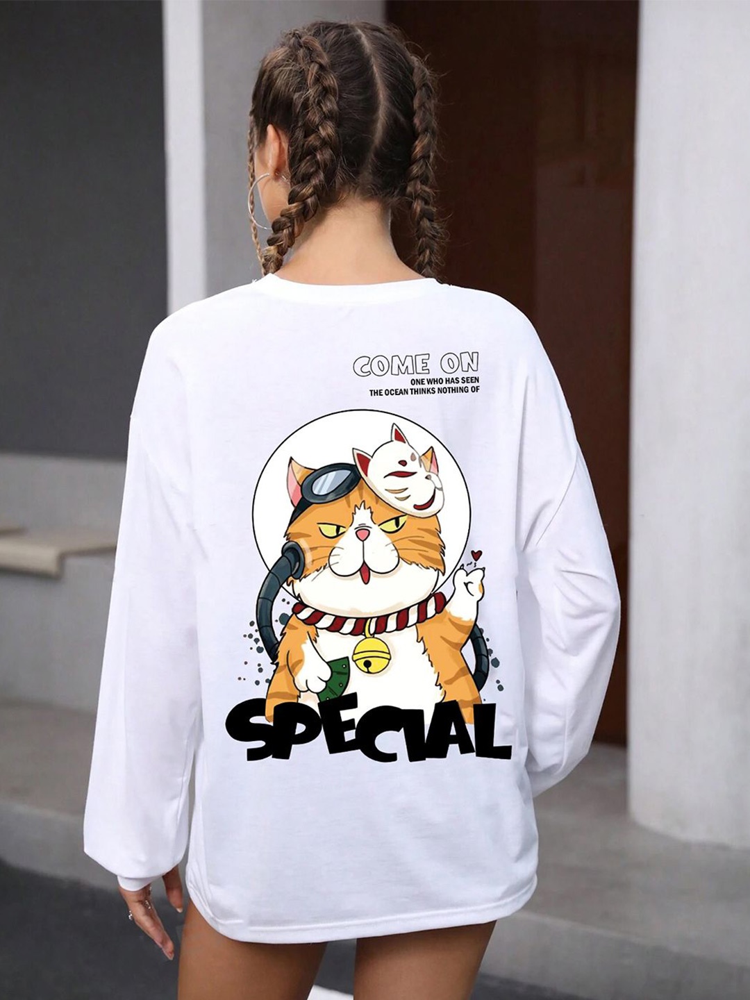 

CHKOKKO Women Graphic Printed Round Neck Oversized T-shirt, White