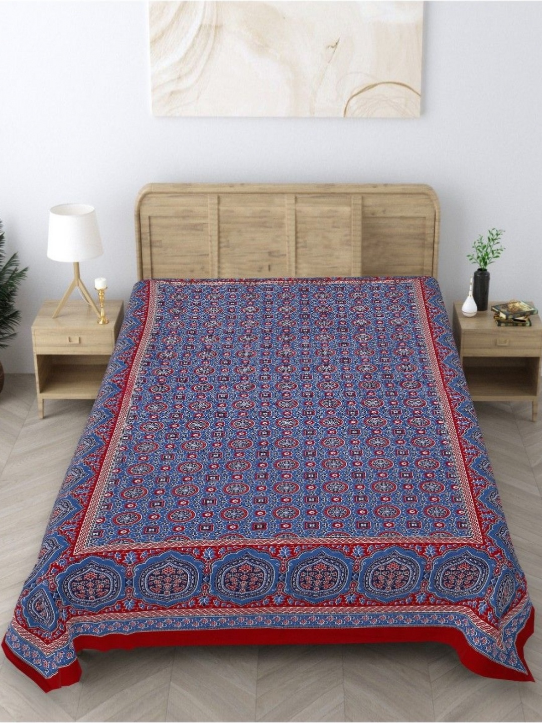 

INDHOME LIFE Red & Blue Ethnic Motifs Printed Pure Cotton 210 TC Single Bedsheet