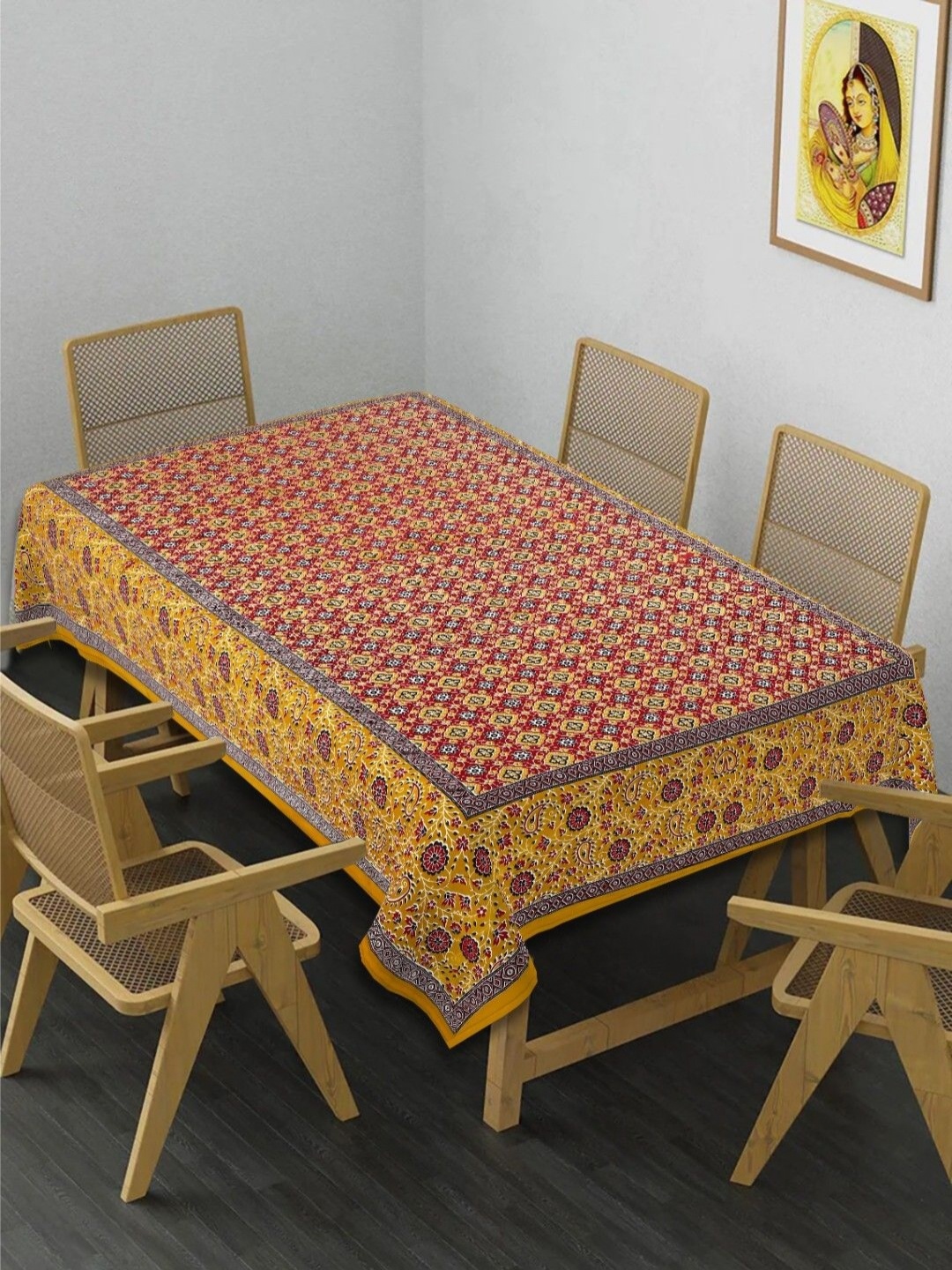 

INDHOME LIFE Yellow & Red Ethnic Motifs Printed Cotton 6-Seater Table Cover