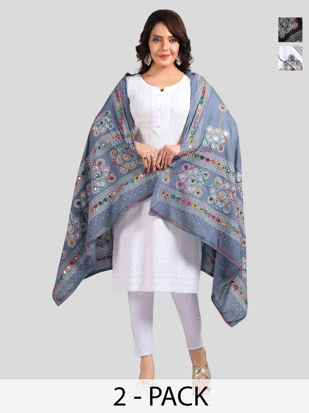 

Fabme Pack Of 2 Ethnic Motifs Embroidered Dupatta with Mirror Work, White