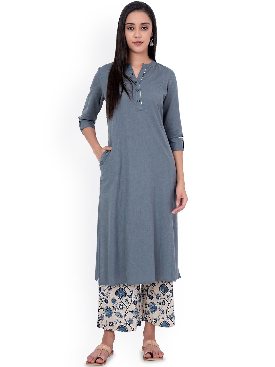 

Neemiya Floral Printed Straight Kurta with Palazzos, Grey