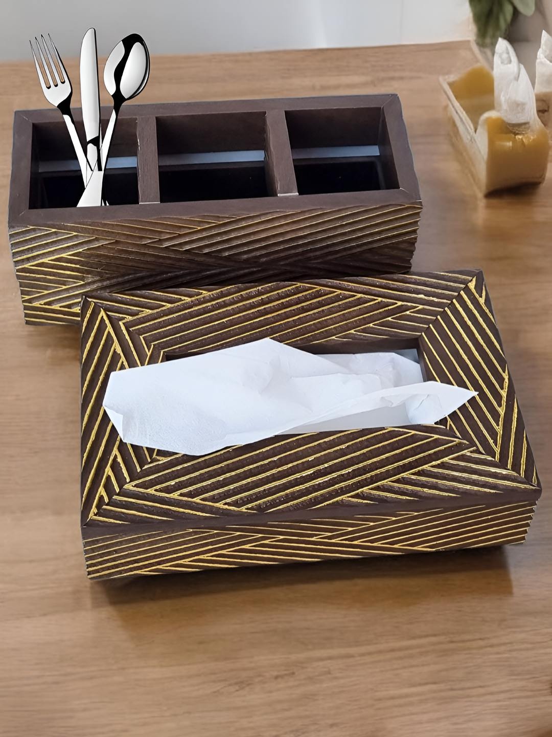 

Art Street Brown Printed Tissue Box & Cutlery Holder