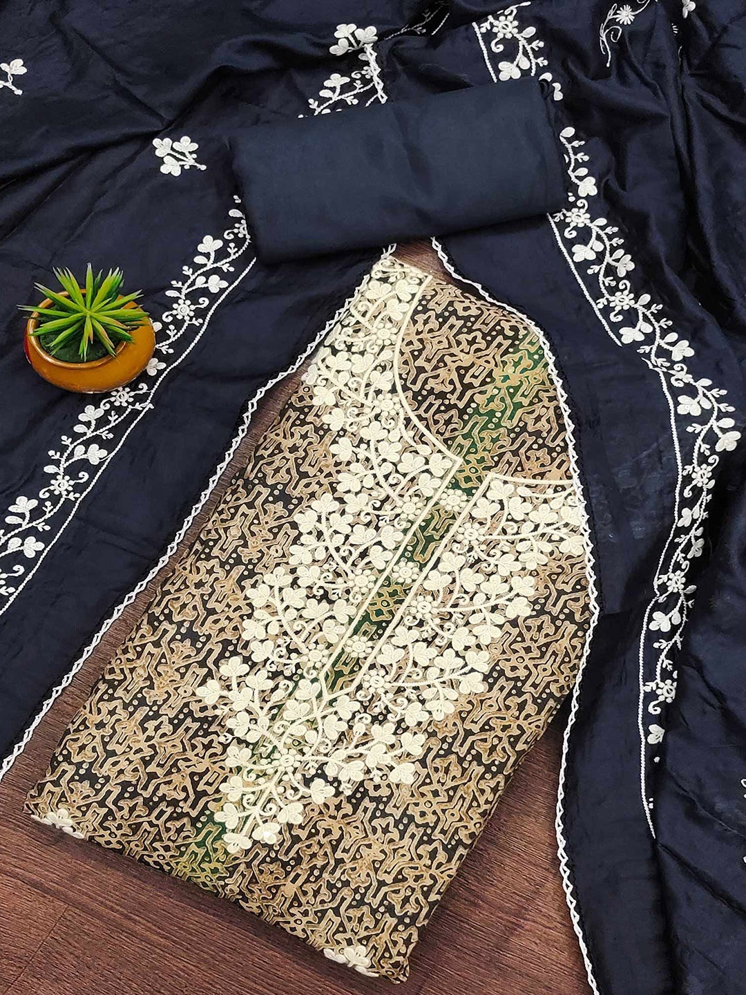 

Peachmode Floral Embroidered Pure Cotton Unstitched Dress Material, Navy blue
