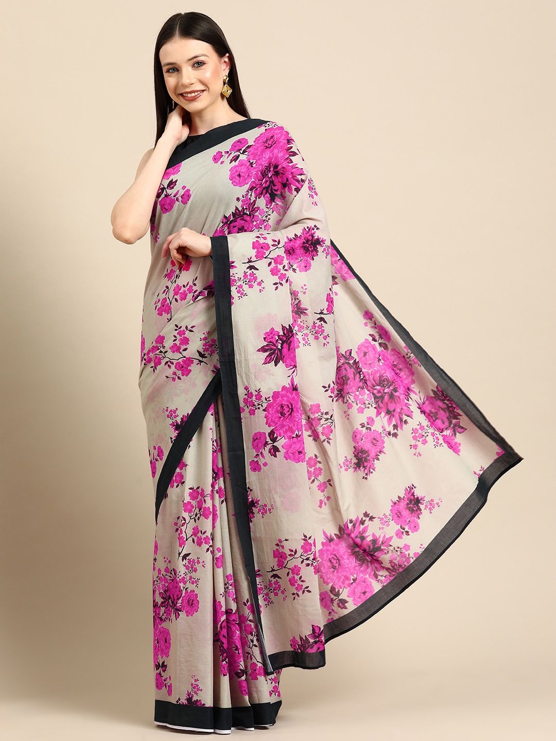 

BUTA BUTI Floral Pure Cotton Saree, Pink