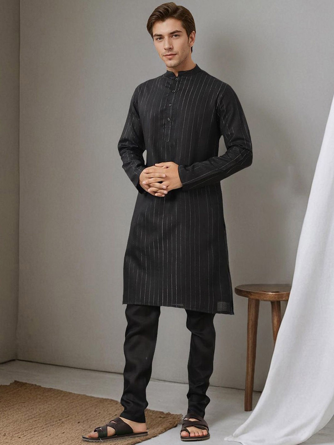 

Anouk Black Striped Mandarin Collar Straight Kurta with Pyjamas