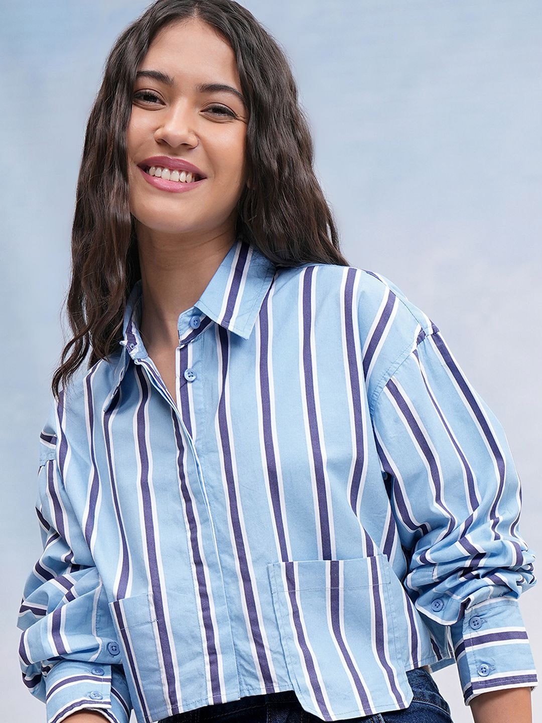 

Tokyo Talkies Women Mui Striped Button-Down Crop Shirt, Blue