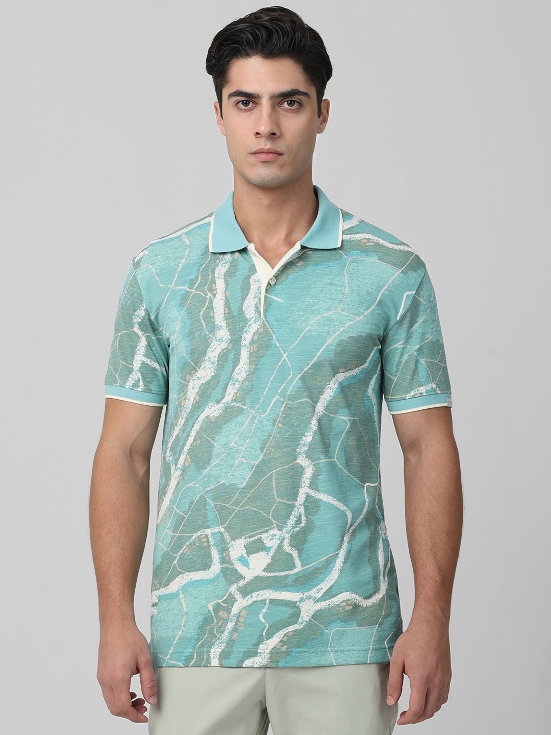 

Mufti Men Abstract Printed Polo Collar Cotton Slim Fit T-shirt, Green