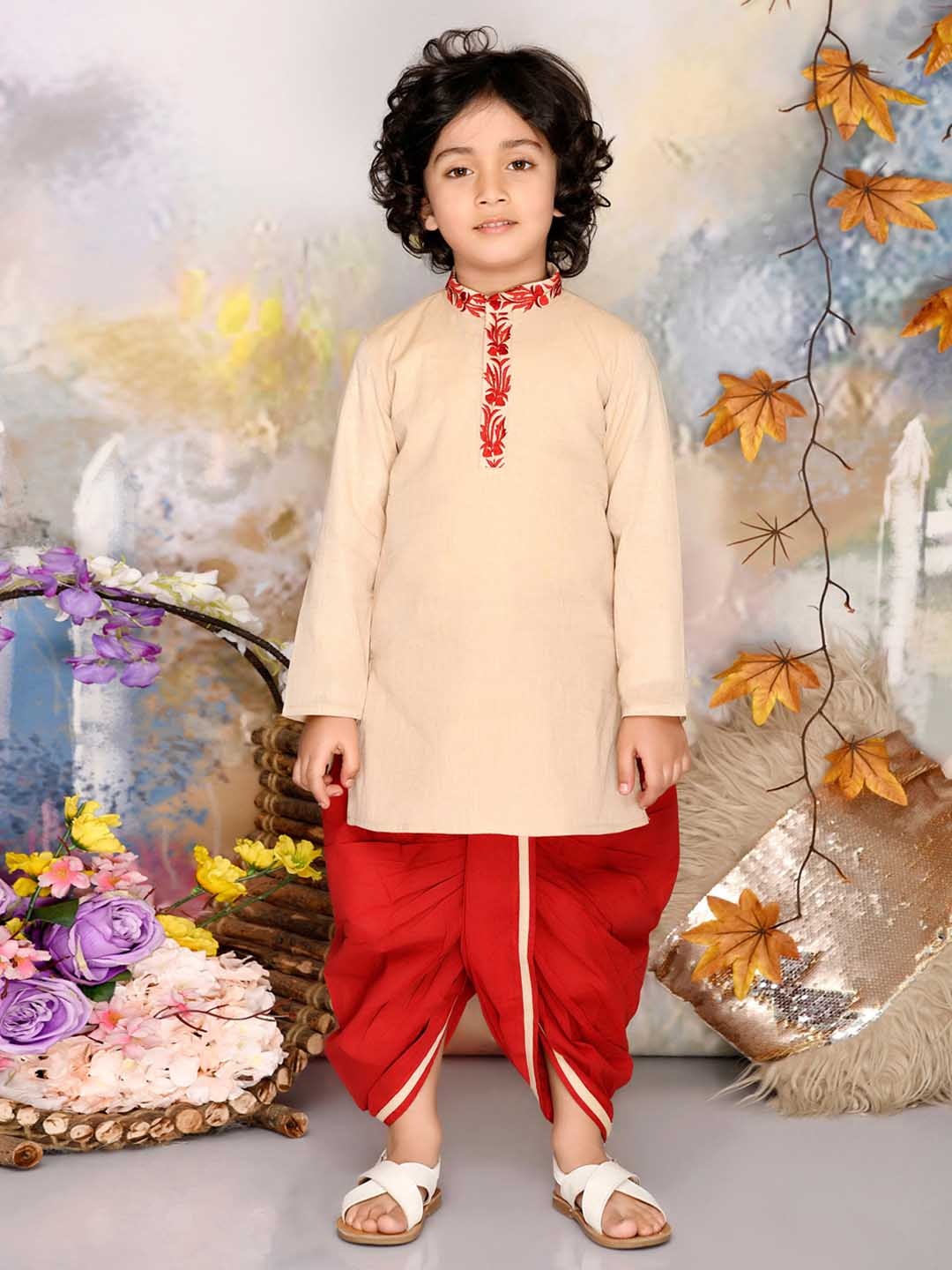 

MUDKID Boys Embroidered Pure Cotton Kurta With Dhoti Pant, Beige